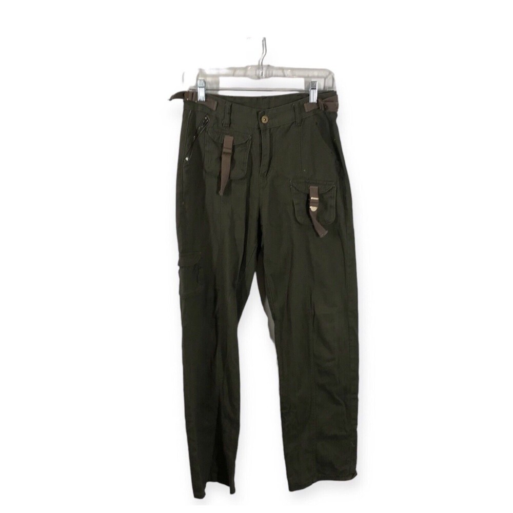 Women's Straight Leg Cargo Pants Size Medium Army Green Pockets Zipper Buckle